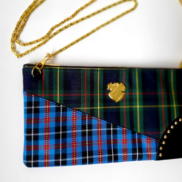 MAC Clutch Evening Bag Gold Chain Strap Tartan Plaid & Faux Patent Studded Logo - Picture 2 of 7